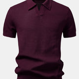 Textured Johnny Collar Crocheted Knit Polo & Crinkle Textured Pants Set