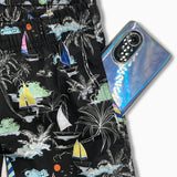 Linen Rayon Blend Shirt & Palm Tree Sailboat Print Swim Shorts Set