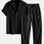 Short Sleeve Knitted Waffle Cuban Shirt & Crinkle Textured Pants Set