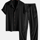 Short Sleeve Knitted Waffle Cuban Shirt & Crinkle Textured Pants Set