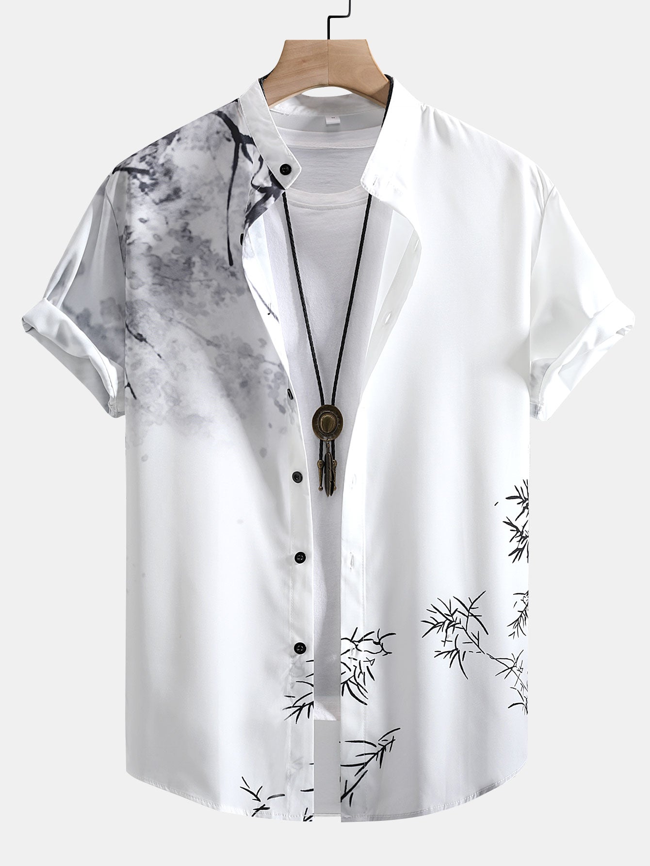 Traditional Oriental Ink Painting Print Shirt & Drawstring Swim Shorts Set