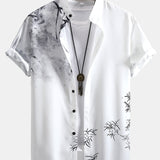 Traditional Oriental Ink Painting Print Stand Collar Shirt
