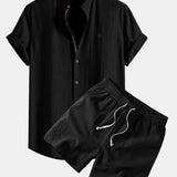 Short Sleeve Linen Shirt & Linen Blend Drawstring 7" Shorts Set