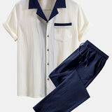 Textured Contrast Cuban Shirt & Straight Leg Pants Set