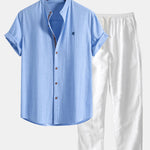 Short Sleeve Linen Stand Collar Shirt & Straight Leg Linen Pants Set