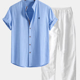 Short Sleeve Linen Stand Collar Shirt & Straight Leg Linen Pants Set