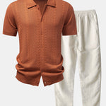 Twisted Jacquard Button Up Knit Shirt & Straight Leg Linen Pants Set