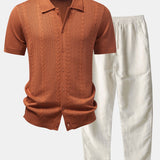 Twisted Jacquard Button Up Knit Shirt & Straight Leg Linen Pants Set
