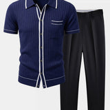 Contrast Trim Ribbed Knit Shirt & Slim Fit Tapered Trousers Set