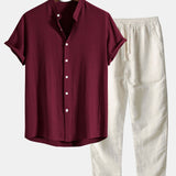 Linen and Rayon Blend Stand Collar Shirt & Linen Pants Set