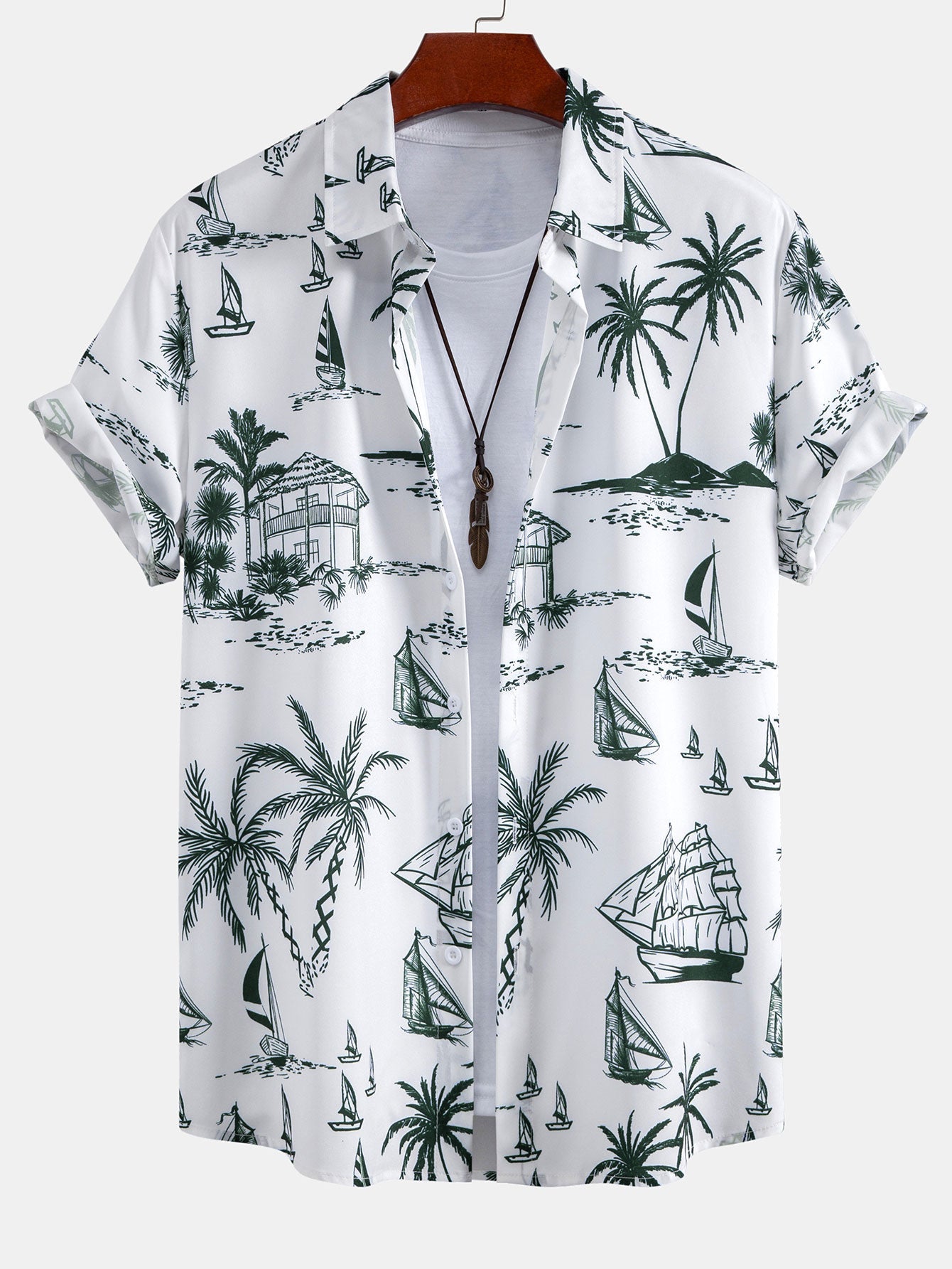 Island Sailing Print Shirt & Solid Drawstring Swim Shorts Set