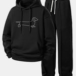 Line Dachshund Print Relax Fit Hoodie & Pleated Pintuck Sweatpants Set