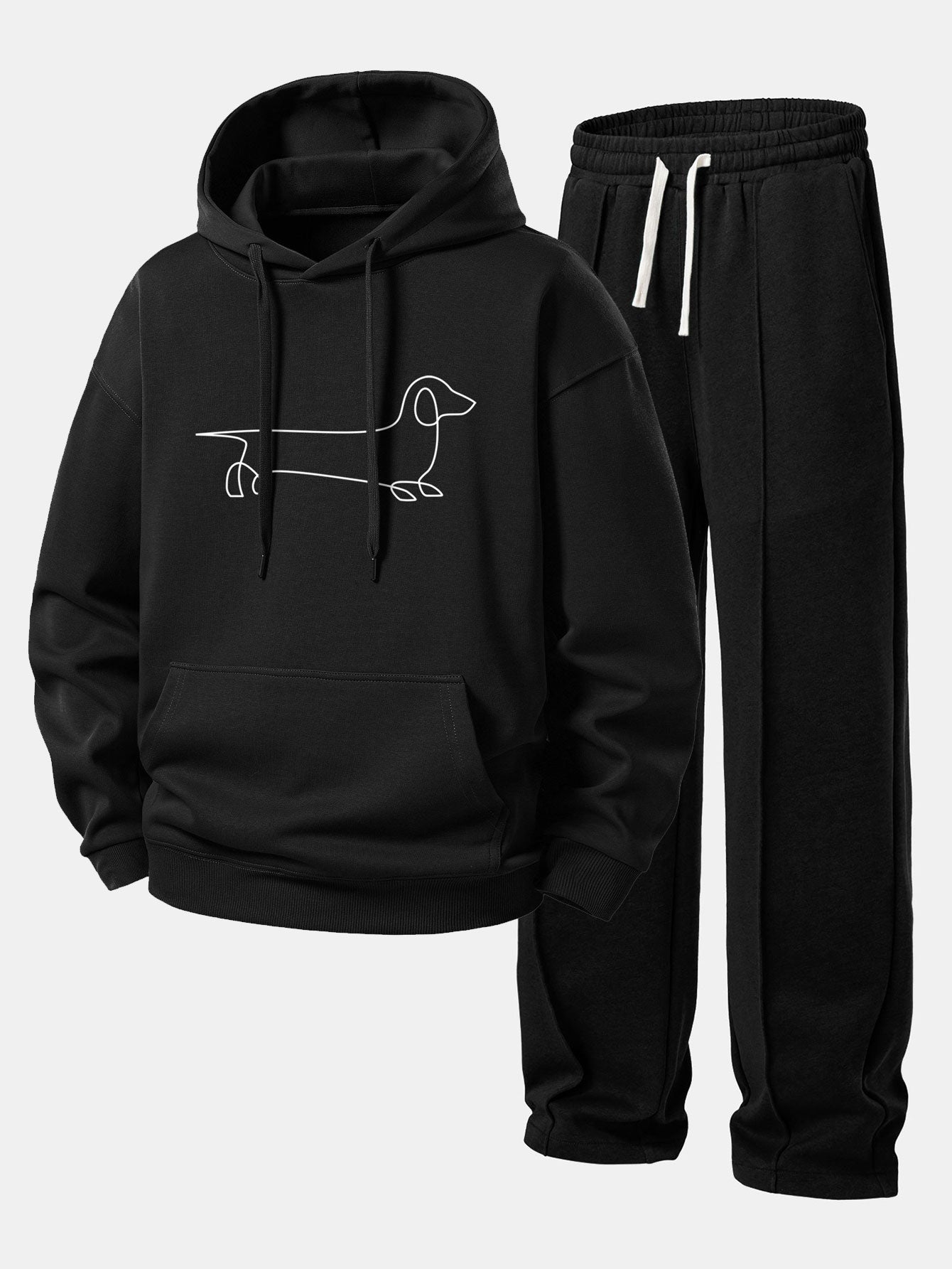 Line Dachshund Print Relax Fit Hoodie & Pleated Pintuck Sweatpants Set