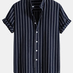 Cotton Blend Striped Stand Collar Shirt & Straight Leg Linen Pants Set