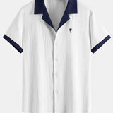 Contrast Palm Tree Embroidery Crinkle Shirt & Crinkle Textured Drawstring Set
