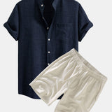 Short Sleeve Stand Collar Shirt & Linen Drawstring Shorts Set