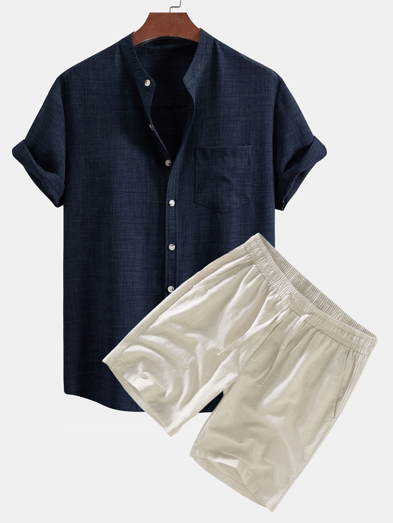 Short Sleeve Stand Collar Shirt & Linen Drawstring Shorts Set