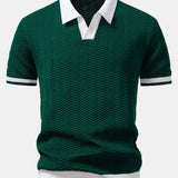 Texture Contrast Knitted V Neck Polo Shirt & Tapered Trousers Set