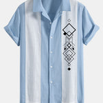 Geometric Rhombus Print Linen Patchwork Bowling Shirt