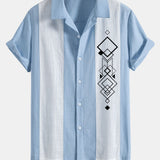 Geometric Rhombus Print Linen Patchwork Bowling Shirt