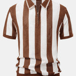 Striped Eyelet Knit Zip Up Polo Shirt & Straight Leg Linen Pants Set