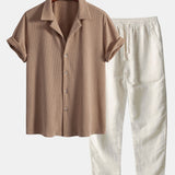 Short Sleeve Waffle Cuban Shirt & Straight Leg Linen Pants Set