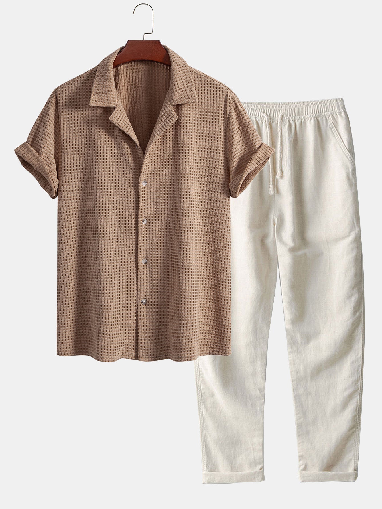 Short Sleeve Waffle Cuban Shirt & Straight Leg Linen Pants Set