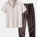 Contrast Stitching Linen Rayon Blend Cuban Shirt & Linen Pants Set