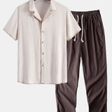 Contrast Stitching Linen Rayon Blend Cuban Shirt & Linen Pants Set