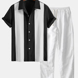 Linen Patchwork Bowling Shirt & Straight Leg Linen Pants Set