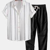 Geometric Striped Jacquard Shirt & Straight Leg Linen Pants Set