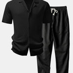 Zig Zag Open Knit Shirt & Straight Leg Linen Pants Set