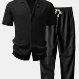 Zig Zag Open Knit Shirt & Straight Leg Linen Pants Set