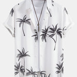 Palm Tree Print Shirt & Linen Cotton Blend Drawstring Shorts Set