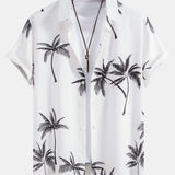 Palm Tree Print Shirt & Linen Cotton Blend Drawstring Shorts Set