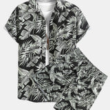 Tropical Plants Print Shirt & Drawstring Swim Shorts Set