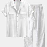 Textured Cuban Collar Pocket Shirt & Straight Leg Linen Pants Set