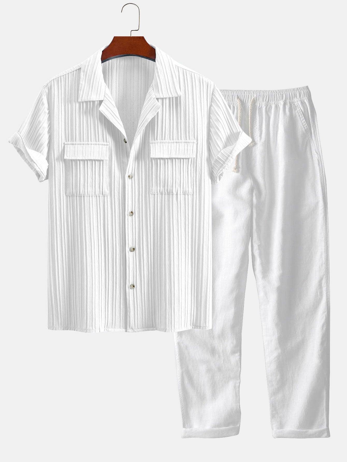 Textured Cuban Collar Pocket Shirt & Straight Leg Linen Pants Set