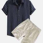 Cotton Blend Striped Shirt & Linen Drawstring Shorts Set
