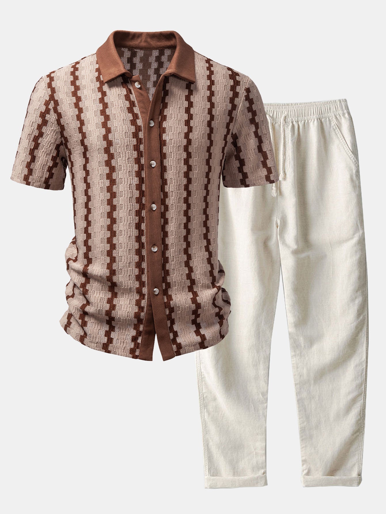Plaid Jacquard Shirt & Straight Leg Linen Pants Set