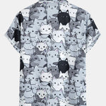 Cartoon Cat Print Shirt & Drawstring Swim Shorts Set