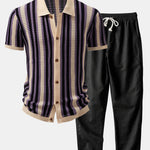 Stripe Eyelet Crochet Shirt & Straight Leg Linen Pants Set