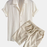 Texture Jacquard Cuban Shirt & Linen Cotton Blend Drawstring Shorts Set