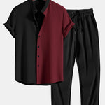 Two Tone Muscle Fit Ribbed Stand Collar Shirt & Ribbed Pants Set