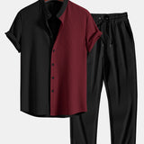 Two Tone Muscle Fit Ribbed Stand Collar Shirt & Ribbed Pants Set
