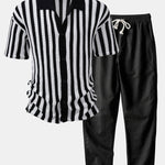 Drop Shoulder Stripe Crochet Shirt & Straight Leg Linen Pants Set