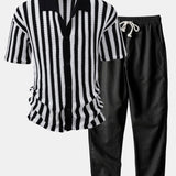 Drop Shoulder Stripe Crochet Shirt & Straight Leg Linen Pants Set