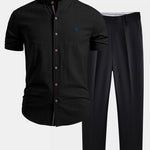 Short Sleeve Linen Stand Collar Shirt & Slim Fit Tapered Trousers Set