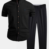Short Sleeve Linen Stand Collar Shirt & Slim Fit Tapered Trousers Set
