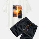 Palm Trees Landscape Slogan Print Oversize T-Shirt & Swim Shorts Set